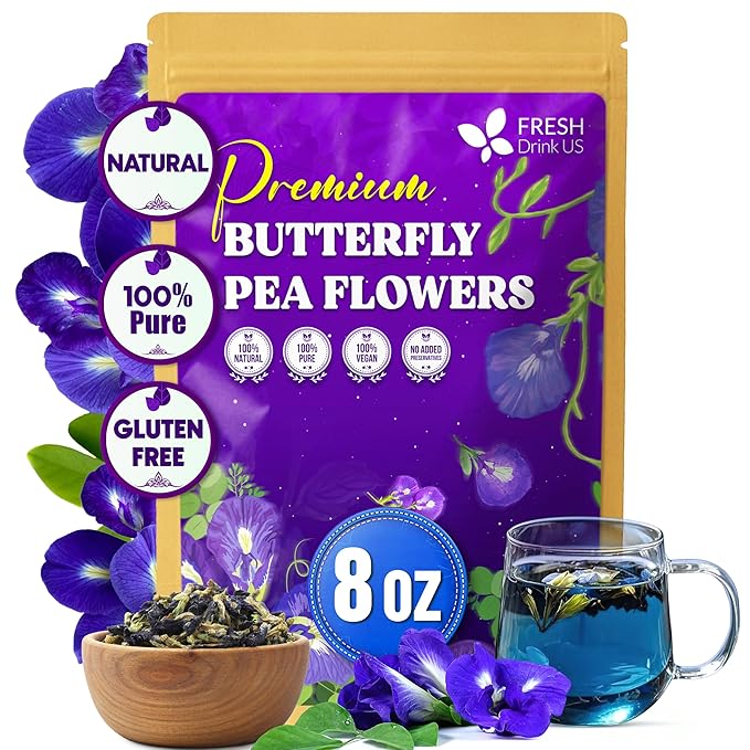 FreshDrinkUS, Premium 8oz Blue Butterfly Pea Flowers Dried – Premium Whole Flower Herbal Tea – Vibrant Blue Natural Color – Caffeine-Free Loose Flower Tea. Vegan
