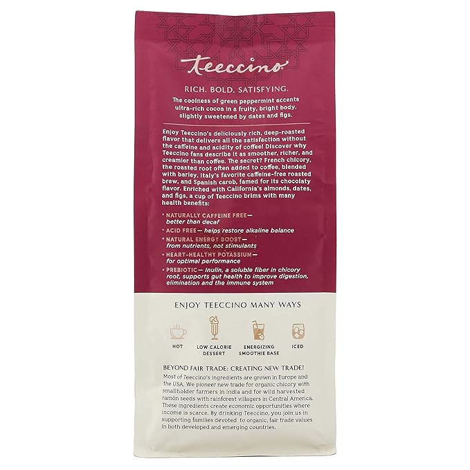Teeccino Chocolate Mint Chicory Coffee Alternative -11 Ounce - Ground Herbal Coffee That’s Prebiotic, Caffeine Free & Acid Free, Light Roast