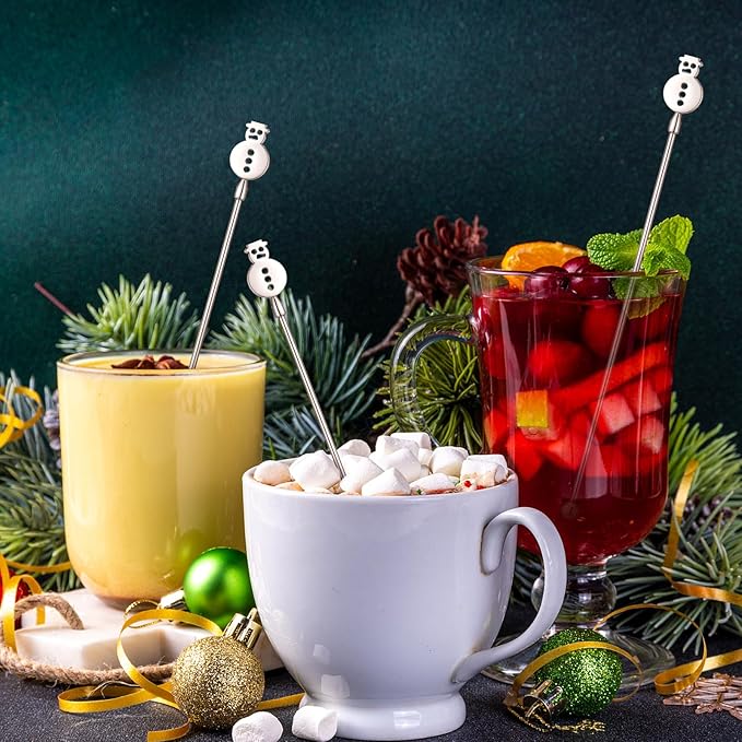 20 Pcs Winter Snowman Drink Stirrers Stainless Steel Christmas Coffee Stirrers Metal Reusable Swizzle Sticks Snowman Cocktail Stir Stick Chocolate Hot Cocoa Supplies for Winter Party Decor