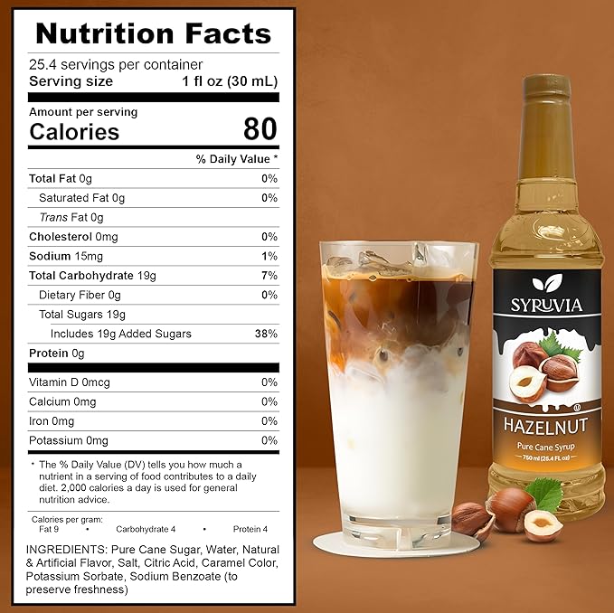 Syruvia Coffee Syrup, Hazelnut Flavored Syrup for Drinks, Lattes, and Desserts – 25.4 fl oz