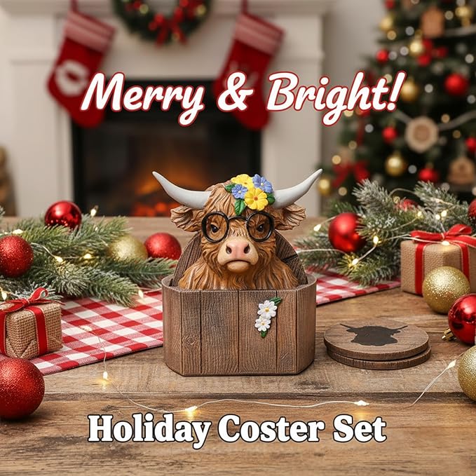 Cabin Coasters Set 6 Full Size Non-Slip Bar Coasters, Indoor Christmas Decorations, Man Cave Gifts for Men, Rustic Handmade Decor for The Home (Highland Cattle)