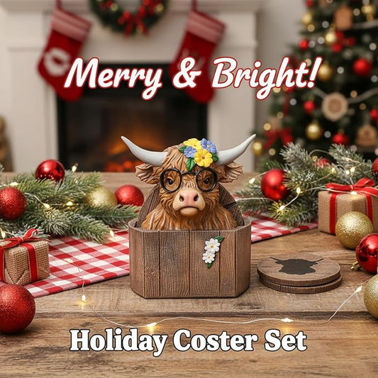 Cabin Coasters Set 6 Full Size Non-Slip Bar Coasters, Indoor Christmas Decorations, Man Cave Gifts for Men, Rustic Handmade Decor for The Home (Highland Cattle)
