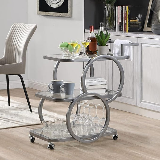 Home Bar Serving Carts 3 Tier Kitchen Carts on Wheels Mobile Bar Carts for Home Kitchen Dining Room Living Room Party, Silver Grey