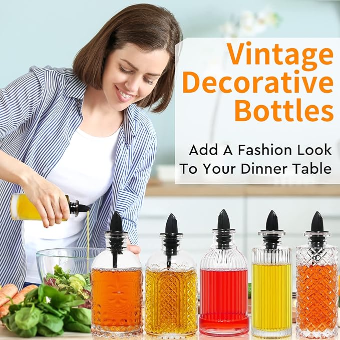 INFTYLE Coffee Syrup Dispenser Bottles Set 6 Pack 7 OZ, Simple Small Glass Syrup Bottles for Coffee Bar with Metal Pour Spout Ideal for Coffee Syrups, Honey