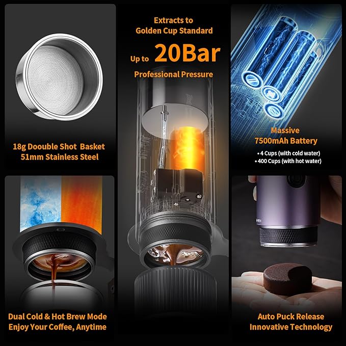 Bincoo Portable Electric Espresso Machine with Stand, Self-Heating, 20 Bar Car Coffee Maker Double Shot Travel Coffee Machine for Camping, Travel, RV, Hiking, Office, H1pro