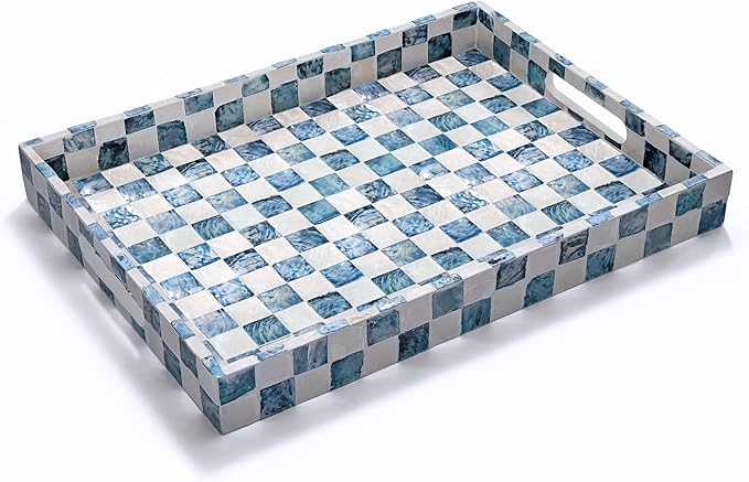 15.8" x 11.8" Decorative Rectangular Tray with Natural Capiz Shells, Checkered Tray with Handles, Serving Tray for Ottoman, Coffee Table, Kitchen Counter Home Decor (Navy Blue)