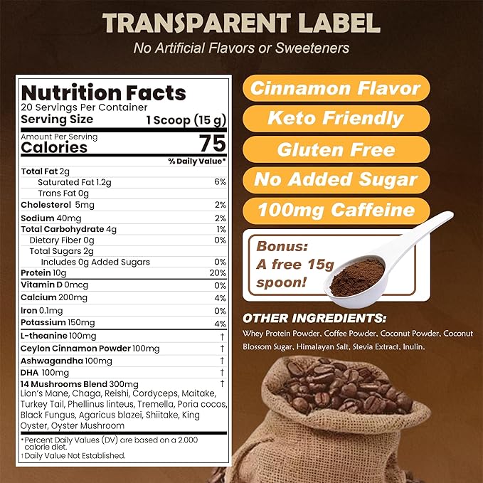 Protein Coffee Powder, Whey Protein Iced Coffee | 14-Mushroom Blend with Reishi & Lion’s Mane, L-Theanine, Ashwagandha & DHA | No Added Sugar, Keto Friendly, Gluten Free | Cinnamon Flavor, 20 Servings