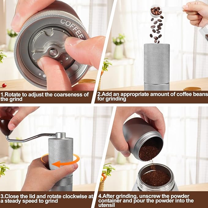 Manual Coffee Grinder Detachable Stainless Steel Conical Burr Aluminum Coffee Bean Grinder with 25 Grinding Settings Cleaning Brush Grindable Espresso Moka Pot French Press for Camping Silver