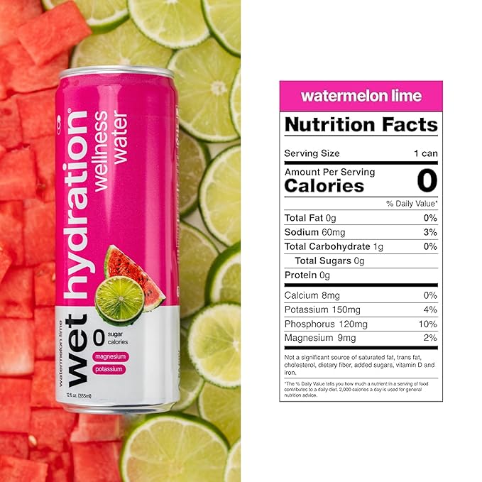 Wet Hydration | Functional Wellness Water, Non-Carbonated - Watermelon Lemon Lime (12 Ounce Cans, Pack of 12) - Flavored Water, Hydration Drink, No Sugar, No Artificial Ingredients, Zero Calories