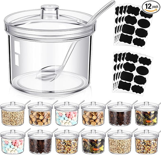 Tioncy 12 Pcs Hot Cocoa Bar Supplies Sugar Bowls with Lid and Spoon Party Bar Ice Cream Sundae Caramel Apple Dipping Container Christmas Acrylic Candy Dispenser with Tag (7.1 oz,Clear)