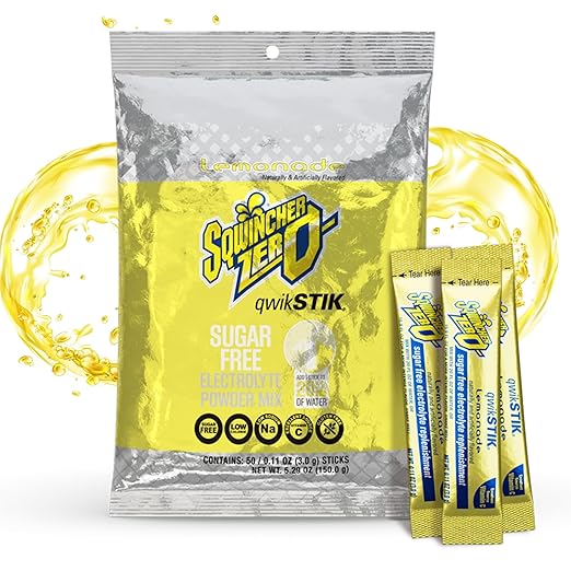 Sqwincher Zero Qwik Stik, Lemonade, Sugar Free, Low Calorie, Low Sodium Electrolyte Powder Hydration Drink Mix, .11 0z Packet (Pack of 50)
