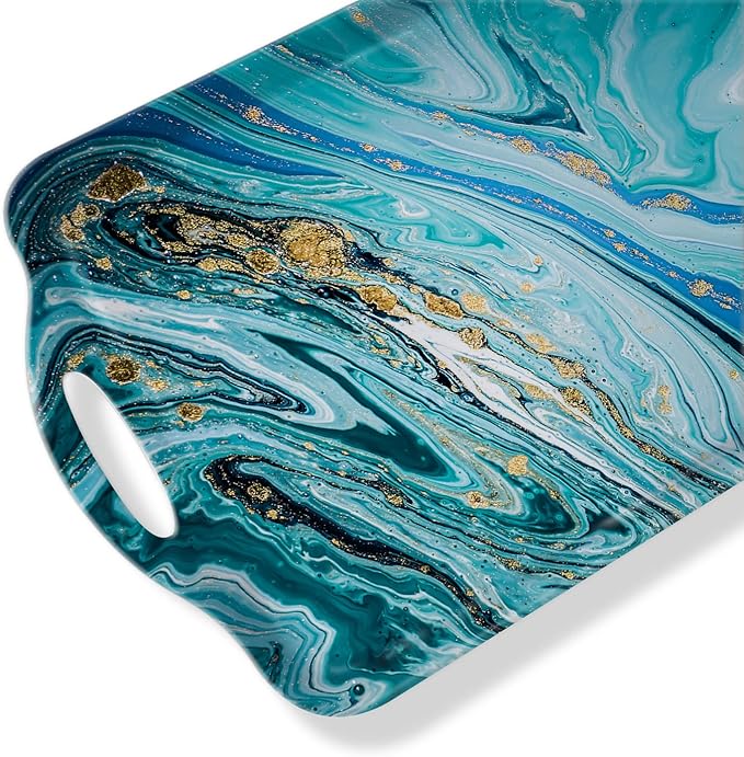 Serving Tray Decorative Tray with Handles Multi-Purpose Rectangular Serving Trays for Restaurant, Parties, Coffee Table, Kitchen - Blue Gilt Marble Pattern