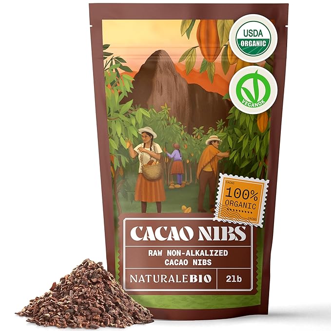 NaturaleBio Cacao Nibs Organic 2 lb. Unsweetened, Non-Alkalized and Pure. Sugar-Free Dark Chocolate Chips Substitute. Non-GMO, Gluten Free, Tested for Heavy Metals. From Raw Cacao Beans