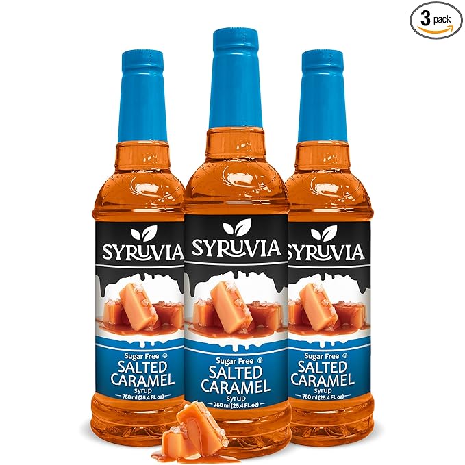Syruvia Sugar Free Salted Caramel - 25.4 fl oz. Premium Coffee Flavoring Syrup. Perfect for Drinks, Sodas, Shakes, Desserts, and More (3-Pack)