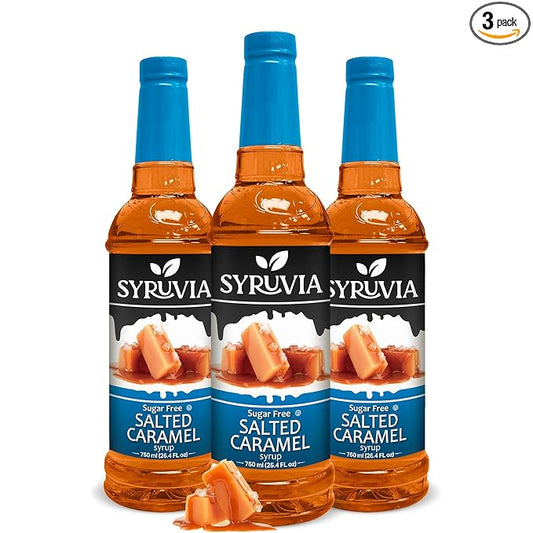 Syruvia Sugar Free Salted Caramel - 25.4 fl oz. Premium Coffee Flavoring Syrup. Perfect for Drinks, Sodas, Shakes, Desserts, and More (3-Pack)