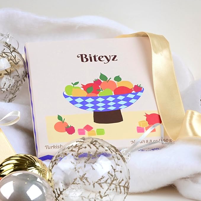 Biteyz Original Turkish Delight, Vegan Candy Gift Box - Assorted Gourmet Fruit Snacks with Lemon, Apple, Orange, Pomegranate, and Raspberry Flavors, 36 Pieces of Luxury Handmade Vegan Treats