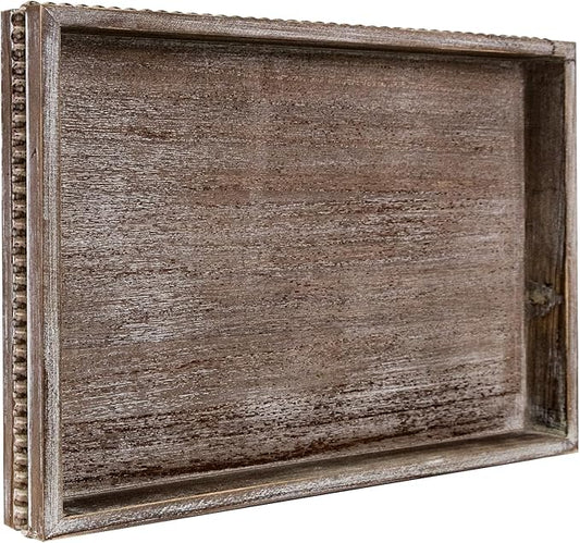 Wooden Decorative Tray, Rectangular Serving Tray with Wood Bead, Farmhouse Big Tray for Ottoman, Countertop, Coffee Tabl, 16.5" x 13"x 1.6" (Retro Brown)