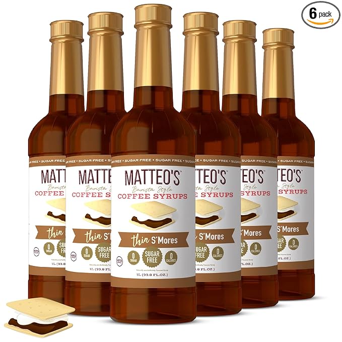 Matteo's S'mores Syrup for Coffee, Lattes, Cappuccinos & Desserts – Sugar-Free Sweetener for Beverages, Keto Friendly, Zero Calories, Indulgent Flavor, Non-Alcoholic, Ideal for Hot Drinks 33.8oz (6pk)