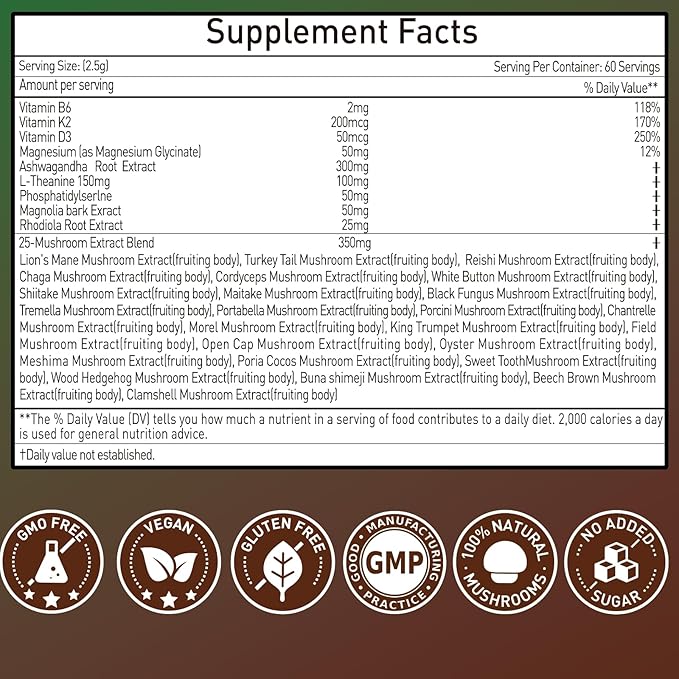 25 in 1 Mushroom Powder, Mushroom Coffee Alternative with Ashwagandha, Lion’s Mane, Chaga & More, Keto Friendly, Sugar Free, Mushrooms Extract Supplement for Immune, Focus & Energy, 60 Servings