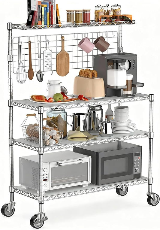 Leteuke Bakers Rack with Storage & Wheels, 42 Inch Microwave Stand Kitchen Shelves, 4-Tier Heavy Duty Storage Rack with 20 S-Hooks, Commercial Metal Utility Kitchen Cart, 42× 18× 63 Inch, Chrome