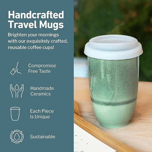 NOVA CERAMICS Travel Mug – Travel Coffee Tumbler – On the Go Coffee Mug – Microwave & Dishwasher Safe Green CoffeeTumbler - Gifts for Women Men Him Her – 12oz – Emerald