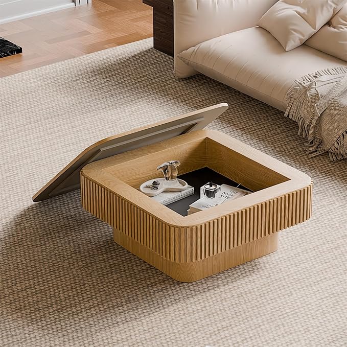 SZTHHDF Square Coffee Table for Living Room,Fluted Drum Accent Tea Center Table with Storage,Solid Wood Modern Coffee Tables for Small Space Office Apartment (31.5" L×31.5''W×14''H-Natural)