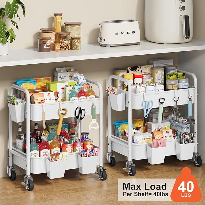 2 Tier Small Rolling Metal Cart with Wheels, White Under Desk Storage Cart on Wheels, Short Utility Roller Carts Organizer for Pantry, Bathroom, Kitchen,Office, Two Tiered Mobile Storage Shelf Trolley
