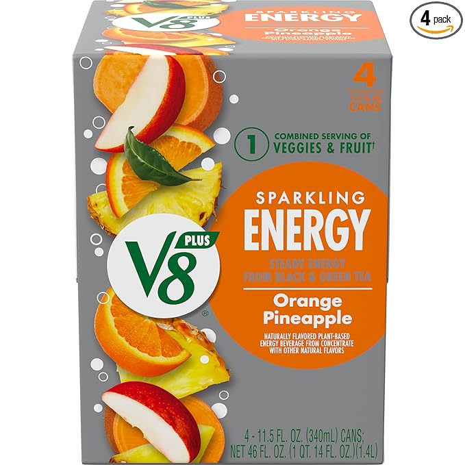 V8 +Energy Sparkling Orange Pineapple Juice Energy Drink, 11.5 fl oz Can (4 Pack)
