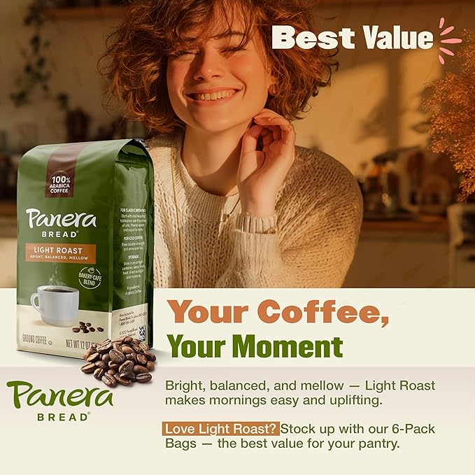 Panera Light Roast Ground Coffee, 100% Arabica, Sustainably Sourced – Smooth, Bright & Balanced Flavor – Clean Label, No Artificial Ingredients – Kosher, Gluten-Free 12oz Bag Pack of 6 (72oz Total)