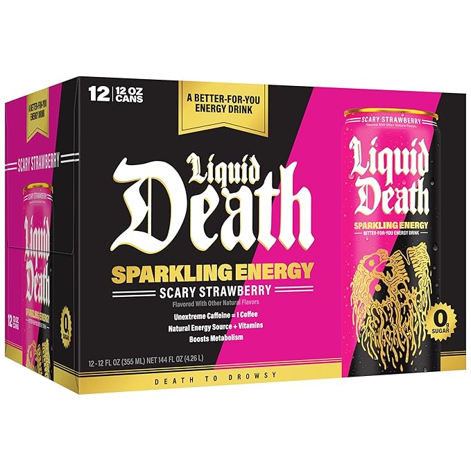 Liquid Death Sparkling Energy - Scary Strawberry, Sugar-Free Energy Drink, Unextreme Caffeine 100mg, Essential Vitamins, 12 Fl Oz (Pack of 12)