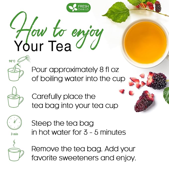 FreshDrinkUS, Premium 75 Mulberry Leaf Tea Bags, 100% Natural & Pure from Mulberry Leaves. Loose Leaf Herbal Tea. Made with Natural Material Tea Bags. No Sugar, No Caffeine, No Gluten, Vegan.