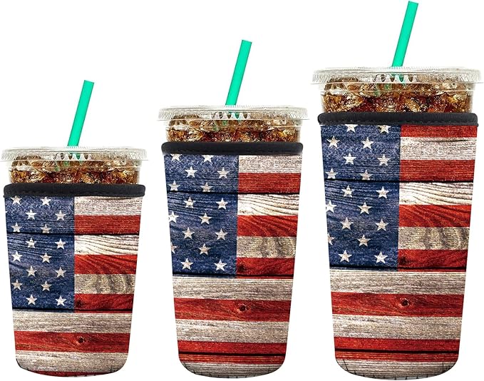 3 Pack Reusable Neoprene Insulator Sleeve for Iced Coffee Cups, Funny Coffee Cup Sleeves for 16-32oz Coffee cups, Cute Drink Sleeve for Cold Hot Beverages Cute Flag