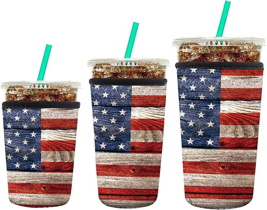 3 Pack Reusable Neoprene Insulator Sleeve for Iced Coffee Cups, Funny Coffee Cup Sleeves for 16-32oz Coffee cups, Cute Drink Sleeve for Cold Hot Beverages Cute Flag