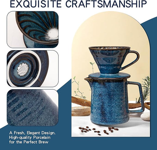 Topadorn Pour Over Coffee Maker Set, 13 Oz Ceramic Coffee Maker & Pour Over Coffee Dripper, Reusable Drip Coffee Maker for Café Restaurant Home Camping, Blue