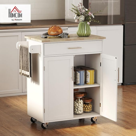 HOMCOM Kitchen Island Cart, Rolling Island Table with Solid Wood Top, Trolley Cart with Drawer, Storage Cabinet & Towel Rack, White