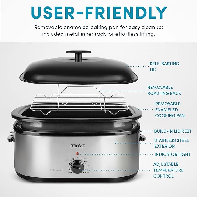 AROMA® 20Qt. Roaster Oven with Self-Basting Lid, Fits 24-lb. Turkey, Adjustable Temperature Settings, Keep Warm Setting, Stainless Steel (ART-720S)