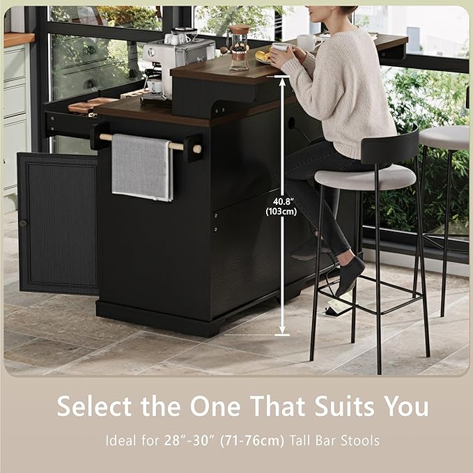 Rolling Kitchen Island with Two-Tier Bar Counter and Power Outlets, 3 Drawers & 4 Door Shelves, Mobile Kitchen Cart with Storage Cabinets & Locking Wheels for Dining Room & Kitchen, 53-Inch, Ash Black