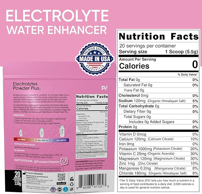 PowderVitamin Electrolytes Powder Plus (20 Servings) Raspberry Lemonade Electrolyte Powder Zero Calorie Keto,0 Sugar,No Maltodextrin,1000mg Potassium,120mg Calcium,120mg Magnesium, Pink Himalayan Salt