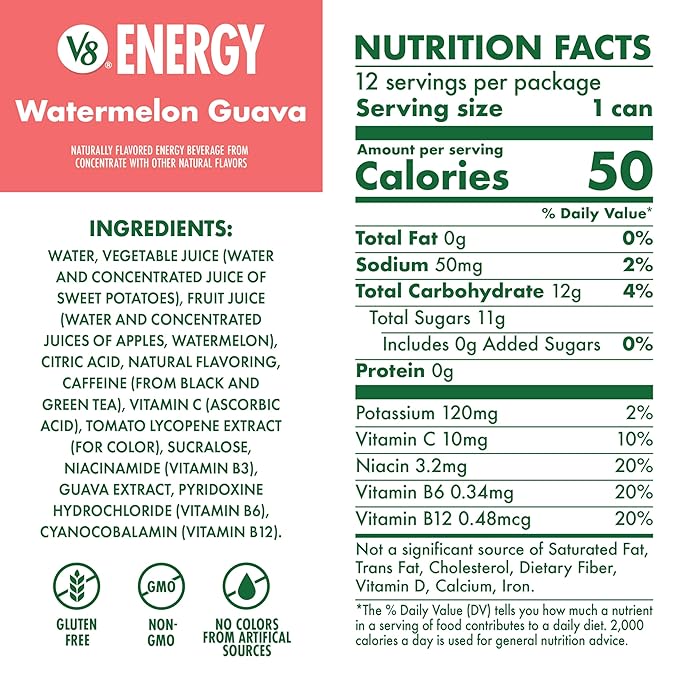 V8 Energy Watermelon Guava Energy Drink, 8 fl oz Can (12 Pack)