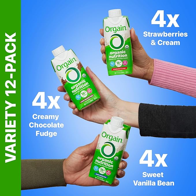 Orgain Organic Nutritional Protein Shake, 16g Grass Fed Whey Protein, Meal Replacement, 20 Vitamins & Minerals, Fruits & Vegetables, Variety Pack, Chocolate, Vanilla, Strawberry, 11 Fl Oz (12 Pack)