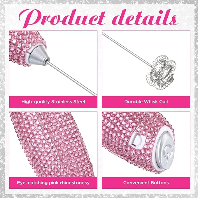 Rhinestone Milk Frother with Stand Sparkly Handheld Battery Operated Electric Foam Maker with Bling Handle, Single Coil Head Whisk Coffee Drink Mixer for Lattes Matcha(Pink)