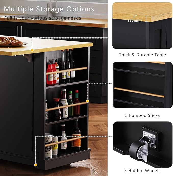 Rolling Kitchen Island with 2 Bar Stools, Drop Leaf & Power Outlet, Large Kitchen Islands Cart on Wheels, Movable Kitchen Island with 5 Open Shelves & Towel Rack for Kitchen, Dining Room, 53″, Black