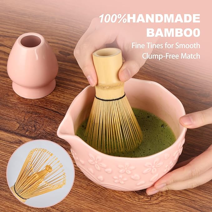 SIMPLETaste Matcha Whisk Set, 7 Pcs Ceramic Matcha Kit Includes Bowl, Whisk and Holder, Bamboo Scoop, Scoop Rest, Sifter and Tea Towel - Matcha Kit for Macha Lovers (Pink)