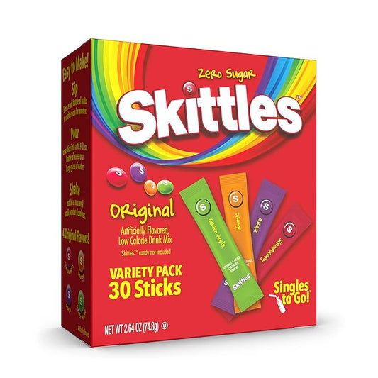 SINGLES TO GO! Skittles Variety Pack, Watertok Powdered Drink Mix, Zero Sugar, Low Calorie, Includes 4 Flavors: Green Apple, Strawberry, Grape, Orange, 1 Box (30 Single Servings)