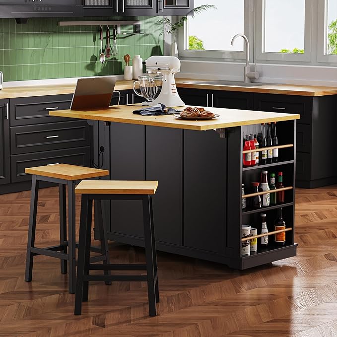 Yayzy Rolling Kitchen Island with Drop Leaf & Storage, Mobile Kitchen Cart on Wheels with 5 Open Shelves, Towel Rack & Power Outlet for Kitchen and Dining Room, Black, 53-Inch