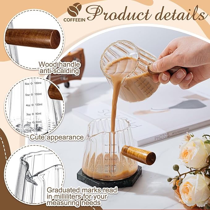 2 Pcs Espresso Shot Glass with Handle, 6 oz/180 ml Espresso Cup with Single V-shaped Mouth, Measuring Cup for Milk Tea Coffee Bar Accessories (Clear)