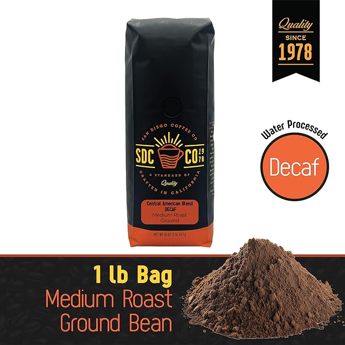 San Diego Coffee DECAF Central American Blend, Medium Roast, Ground Coffee, 16-Ounce Bag Café descafeinado molido tostado