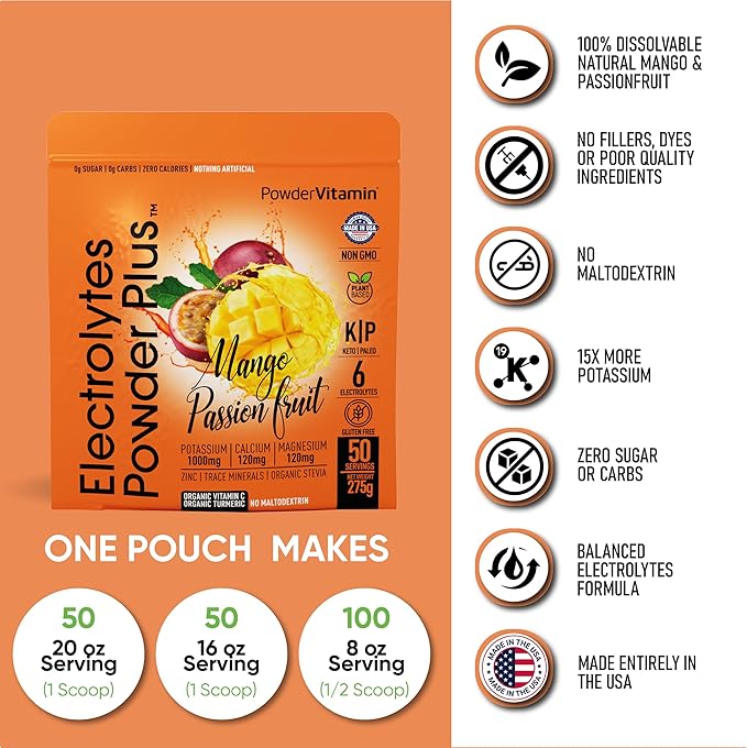 PowderVitamin Electrolytes Powder Plus (50 Servings) Mango Passionfruit Electrolyte Powder Zero Calorie Keto, 0 Sugar, No Maltodextrin,1000mg Potassium,120mg Calcium,120mg Magnesium, Hydration Powder