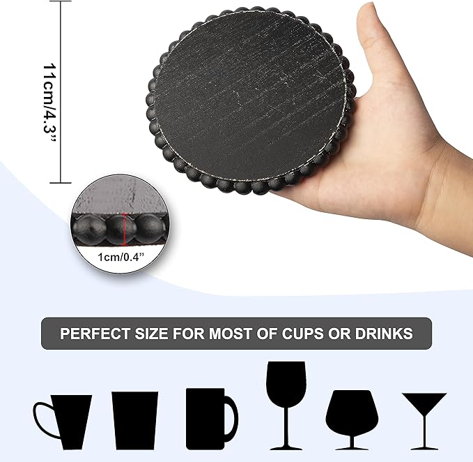 GENMOUS Coasters Set of 6 for Drinks with Metal Holder, Farmhouse Wooden Bead Coasters, Absorbent Square Handmade Rustic Cute Cup Coffee Coaster for Home Kitchen Table Décor Gift Black