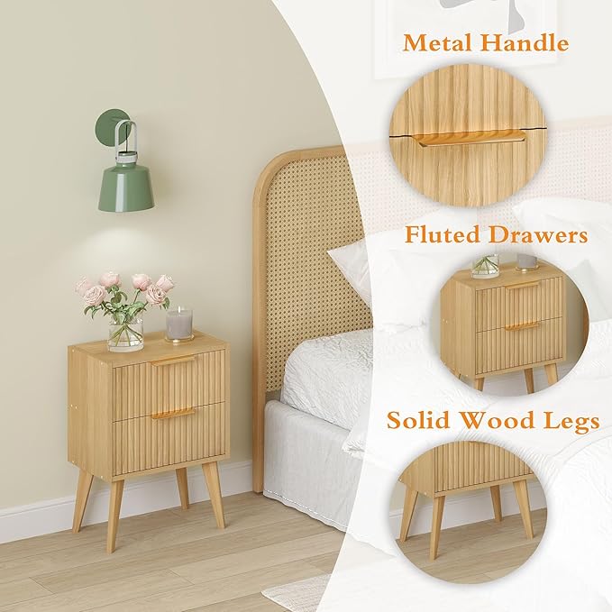 Fluted Nightstand,Small Bedside Table,Natural Wood Night Stand,Light Wood Side Table with Solid Wood Legs,End Table for Bedroom,Small Space 11.8" D x 16" W x 22.4" H Natural CTG55Y